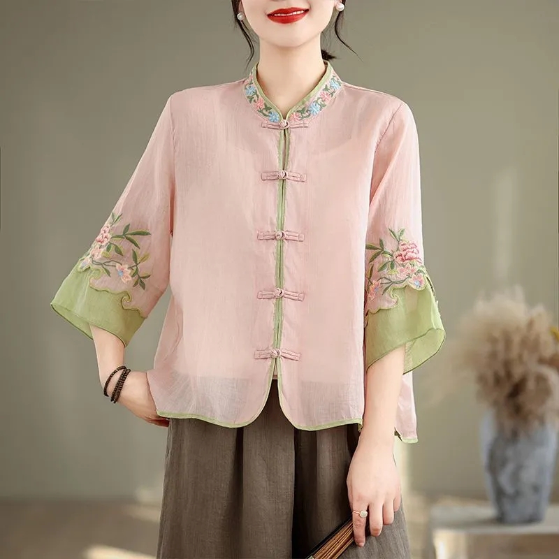 Embroidery Cardigan - Camisa Feminina de Verão em Algodão