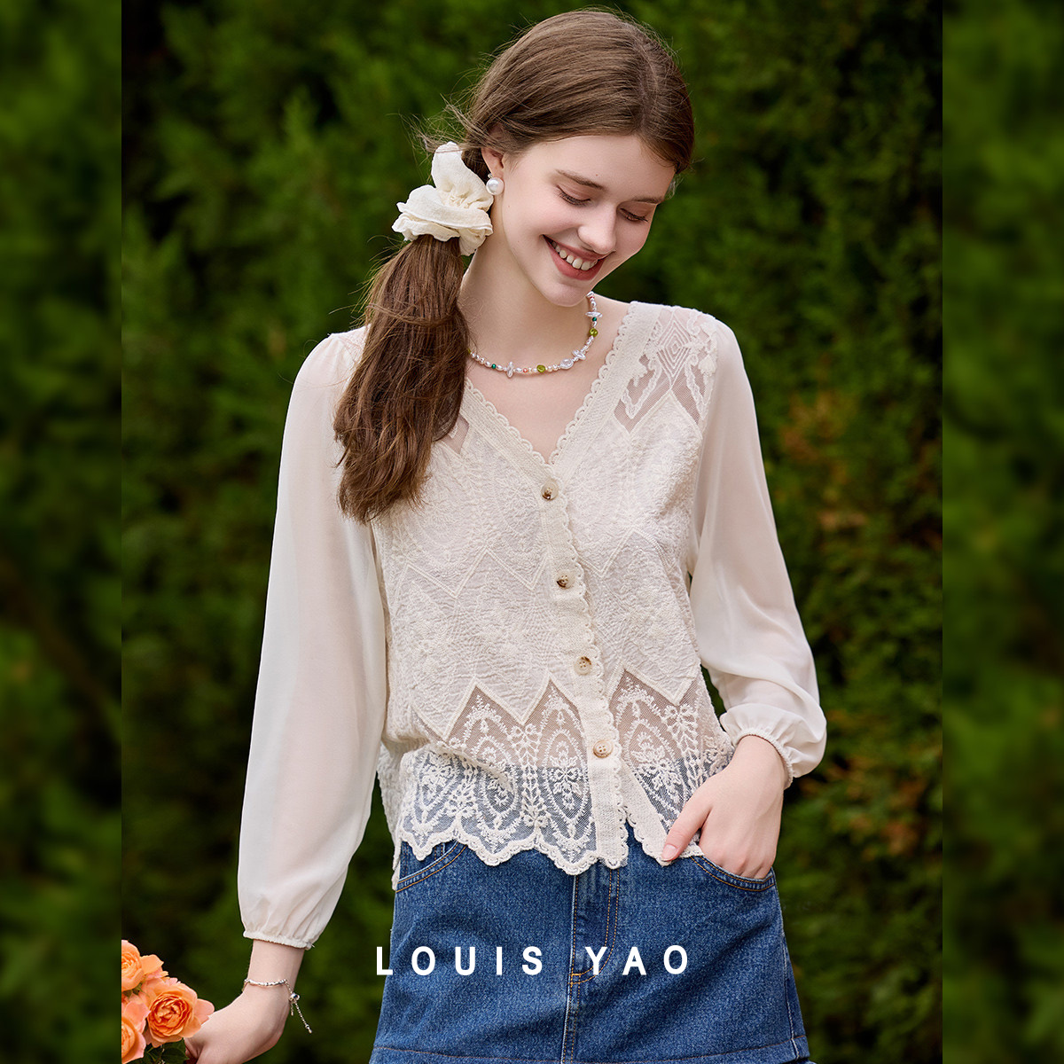 Embroidery Cardigan - Louis yao doce renda com decote
