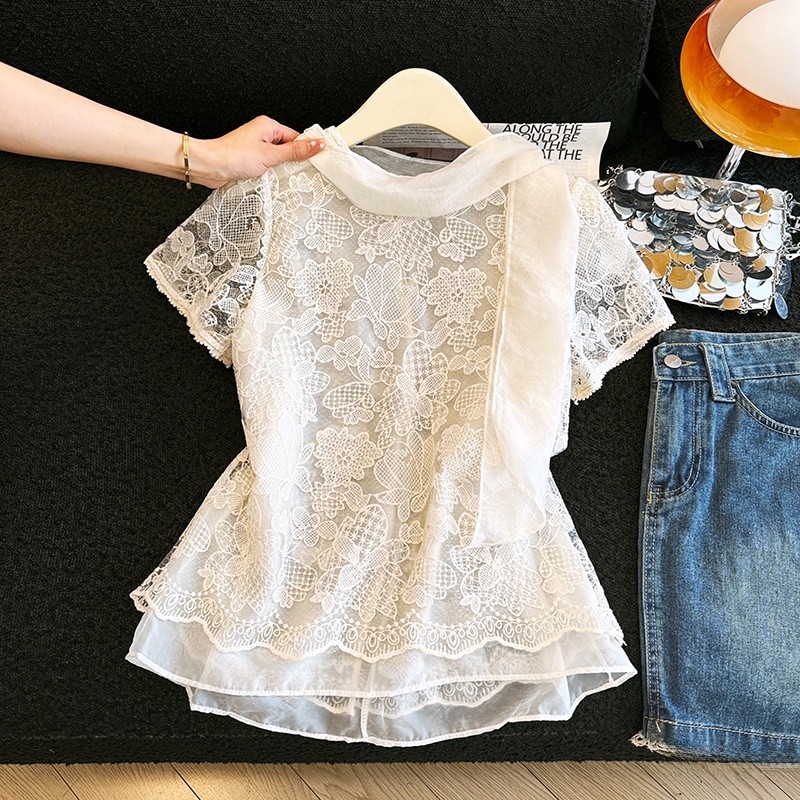 Embroidery Unique Design - Camisa Elegante de Renda Vazada com
