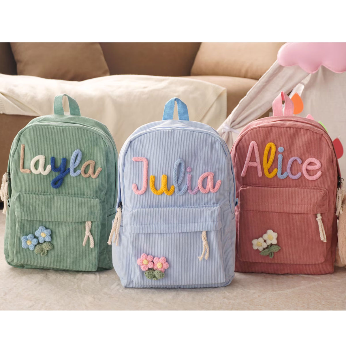 Mochila de Corduroy Personaliz - Embroidery Initials Designs avaliação e preço