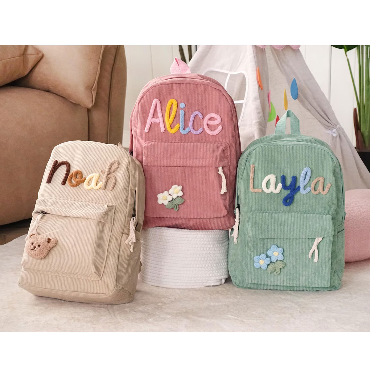 Mochila de Corduroy Personaliz - Embroidery Initials Designs avaliação e preço